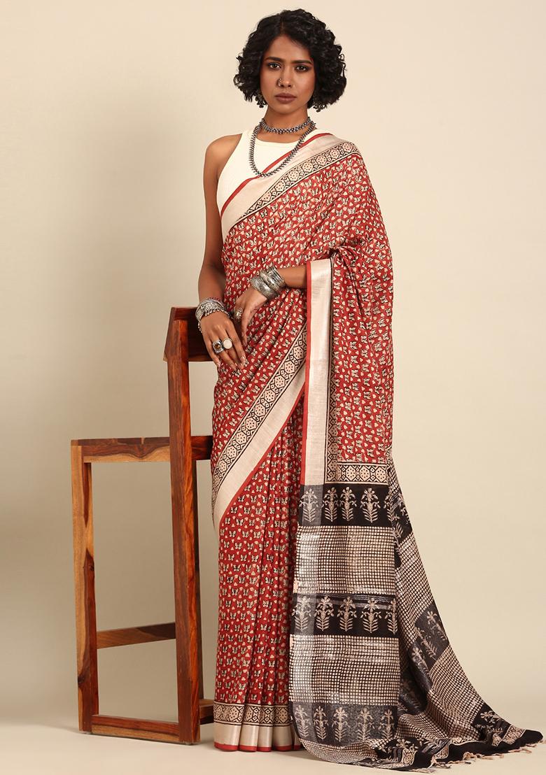 Brown Woven Design Cotton Saree Set