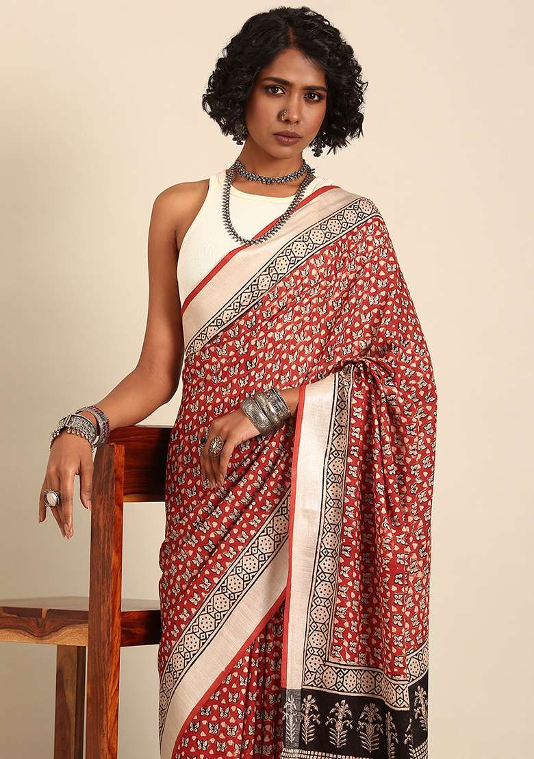 Brown Woven Design Cotton Saree Set for Diwali and Festive Wear - Indya