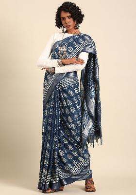 Blue Woven Design Cotton Saree Set