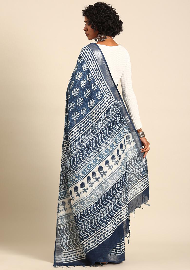 Blue Woven Design Cotton Saree Set