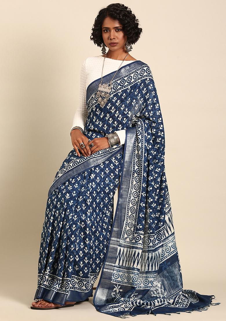 Blue Woven Design Cotton Saree Set