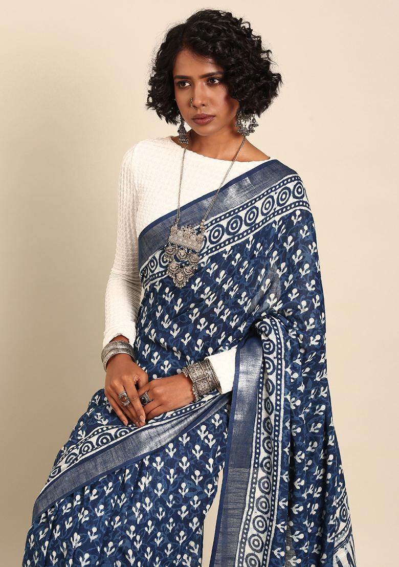 Blue Woven Design Cotton Saree Set