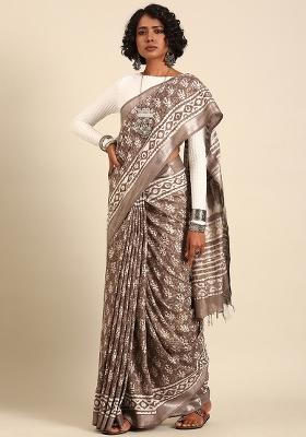 Brown Woven Design Cotton Saree Set
