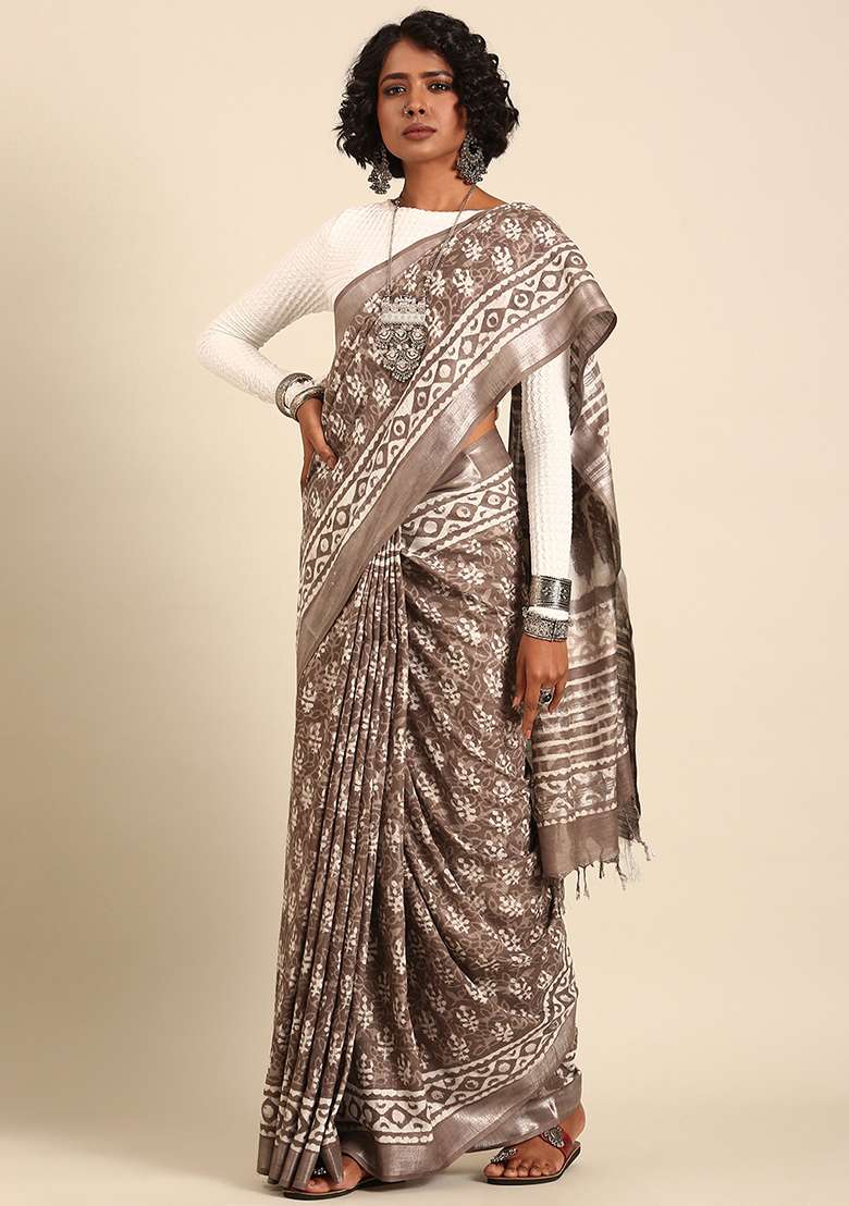 Brown Woven Design Cotton Saree Set for Diwali | Wedding & Festive Wear - Indya