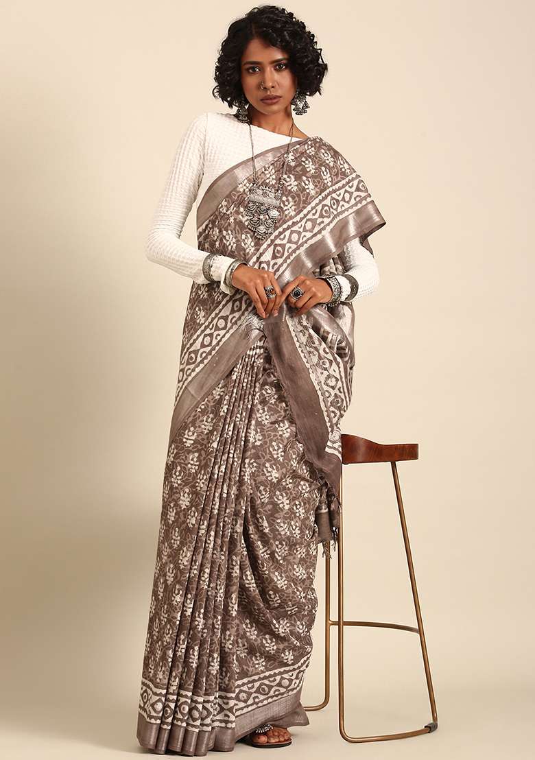 Brown Woven Design Cotton Saree Set for Diwali | Wedding & Festive Wear - Indya