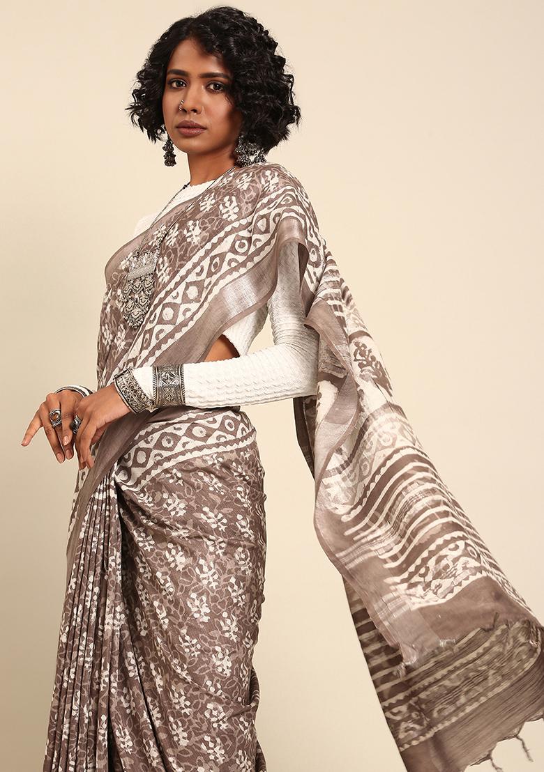 Brown Woven Design Cotton Saree Set