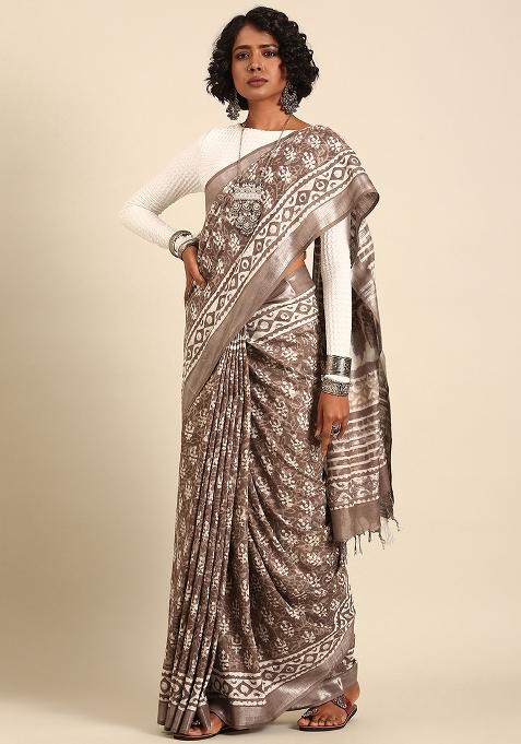 Brown Woven Design Cotton Saree Set