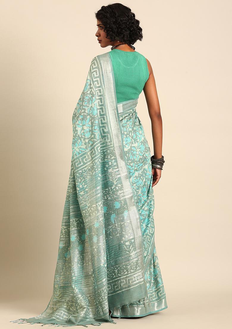 Teal Blue Woven Design Cotton Saree Set