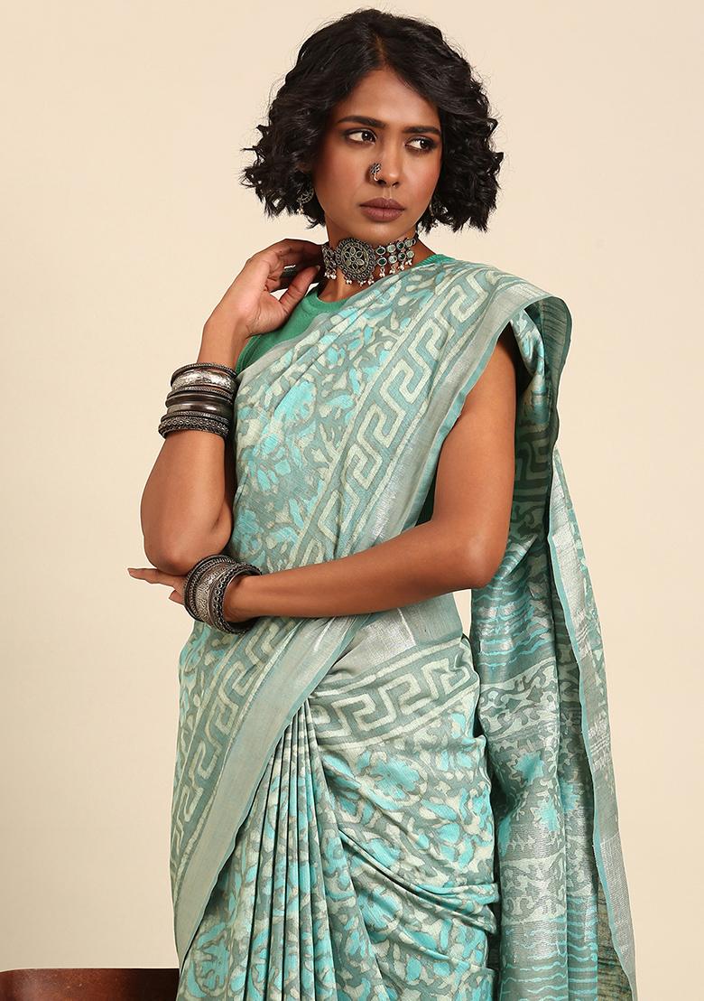 Teal Blue Woven Design Cotton Saree Set