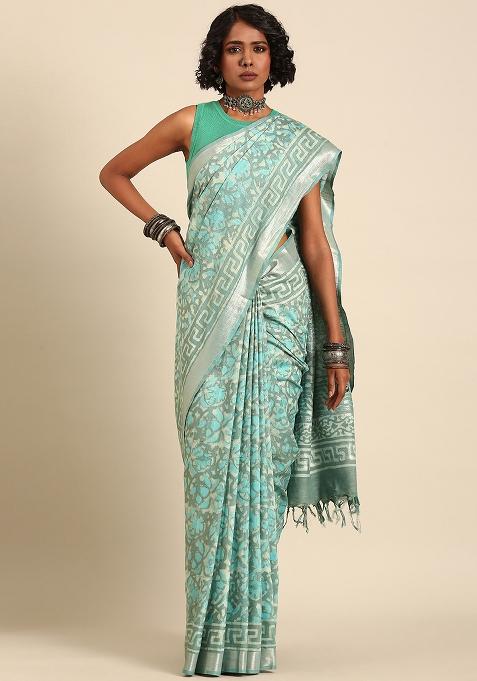 Teal Blue Woven Design Cotton Saree Set