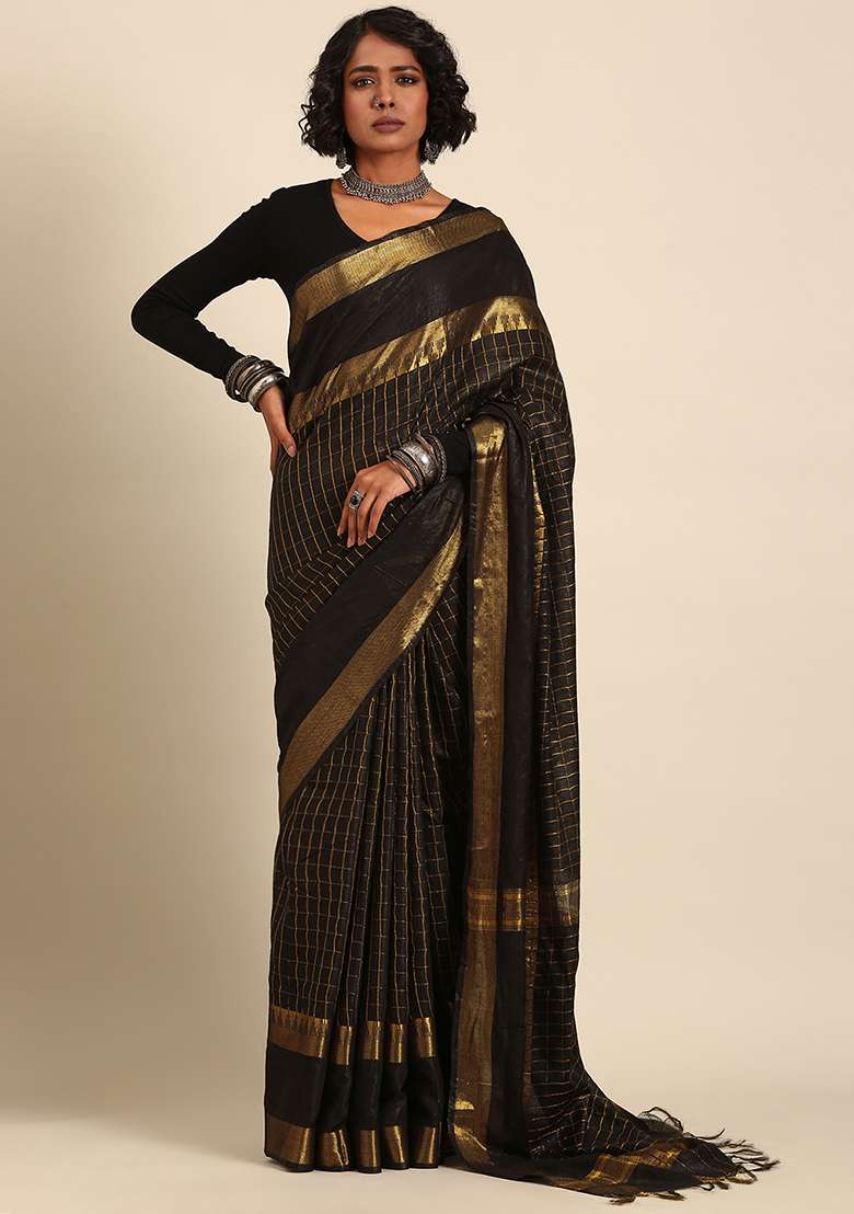 Black Woven Design Blend Art Silk Saree Set for Diwali | Wedding & Festive Wear - Indya