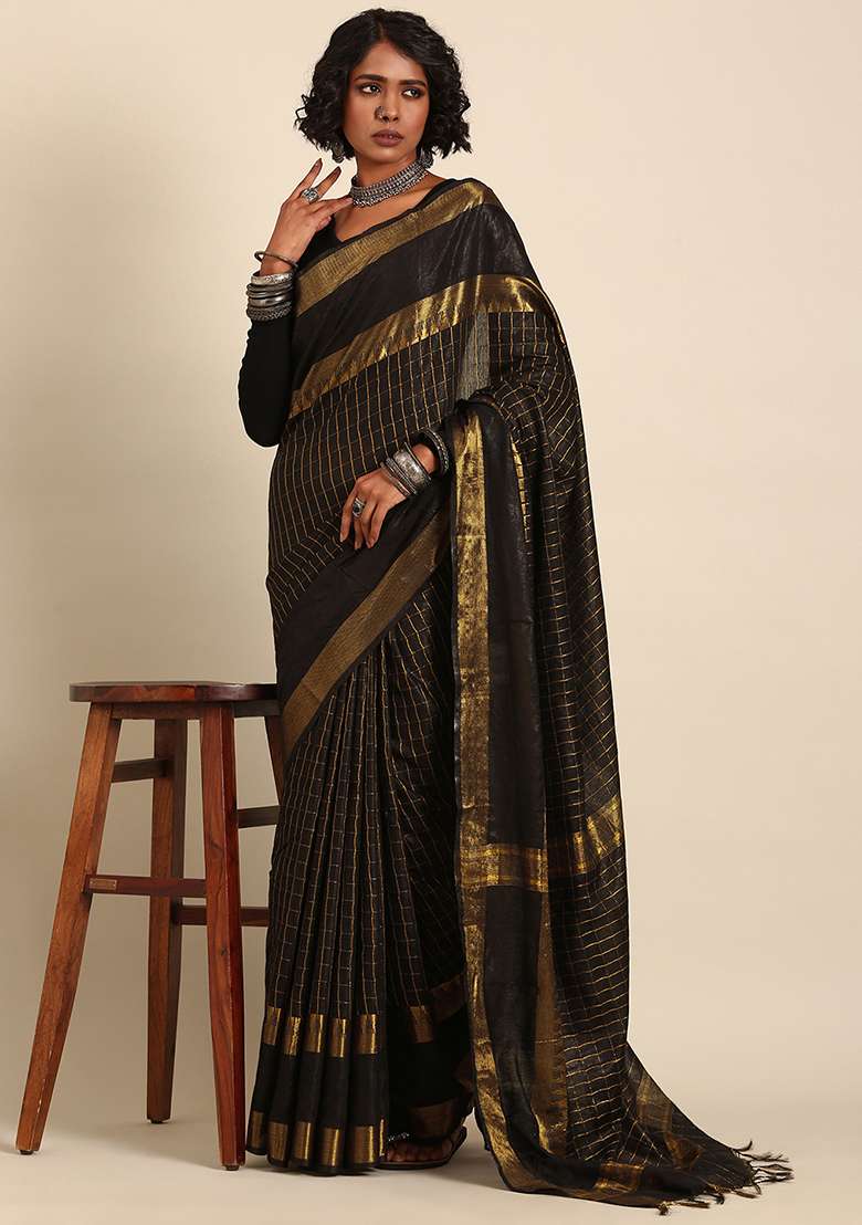 Black Woven Design Blend Art Silk Saree Set for Diwali | Wedding & Festive Wear - Indya