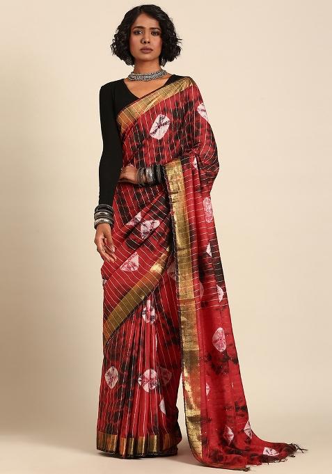 Red Dyed Art Silk Saree Set