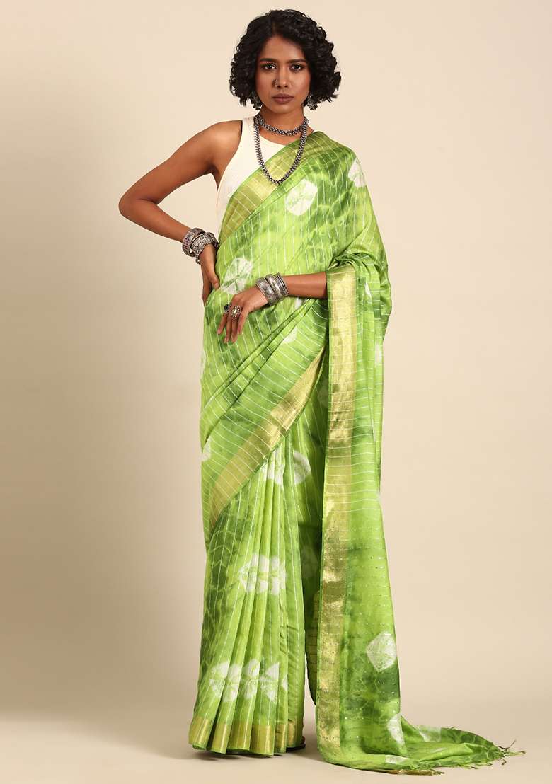 Green Dyed Blend Art Silk Saree Set for Diwali | Wedding & Festive Wear - Indya