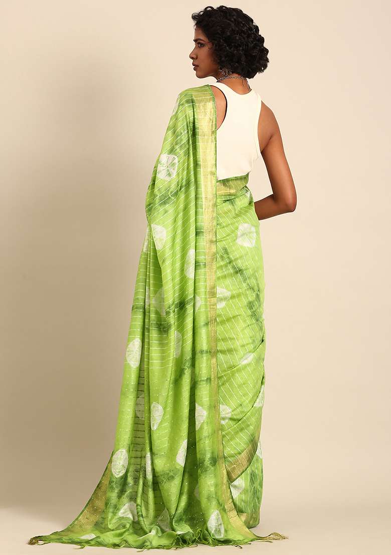 Green Dyed Blend Art Silk Saree Set for Diwali | Wedding & Festive Wear - Indya