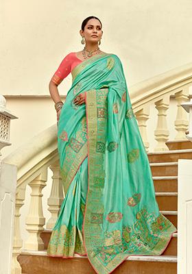 Mint Green Handwork And Cut Dana Work&nbsp; Dola Silk Saree Set