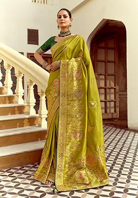 Lime Green Handwork And Cut Dana Work&nbsp; Dola Silk Saree Set