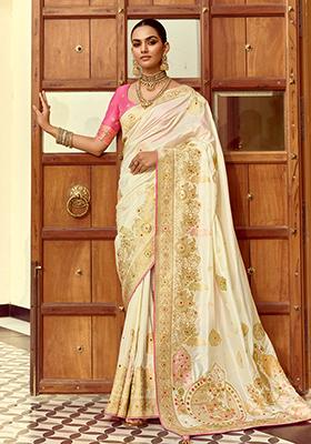 Ivory Handwork And Cut Dana Work&nbsp; Dola Silk Saree Set