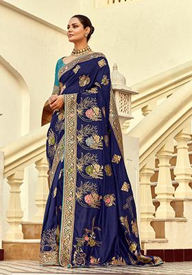 Navy Blue Handwork And Cut Dana Work&nbsp; Dola Silk Saree Set