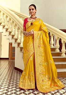 Yellow Handwork And Cut Dana Work&nbsp; Dola Silk Saree Set