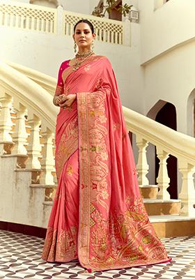 Pink Handwork And Cut Dana Work&nbsp; Dola Silk Saree Set