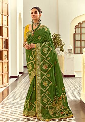 Green Handwork And Cut Dana Work&nbsp; Dola Silk Saree Set