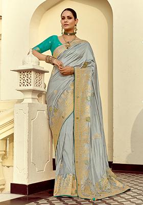 Silver Handwork And Cut Dana Work&nbsp; Dola Silk Saree Set