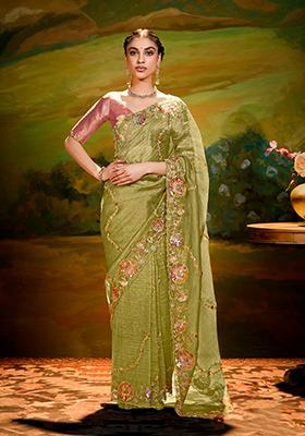 Green Embroidery Work Handwork Fancy Saree Set