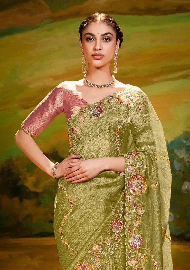 Green Embroidery Work Handwork Fancy Saree Set