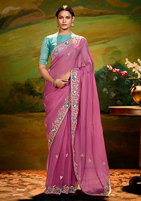 Pink Embroidery Work Handwork Fancy Saree Set