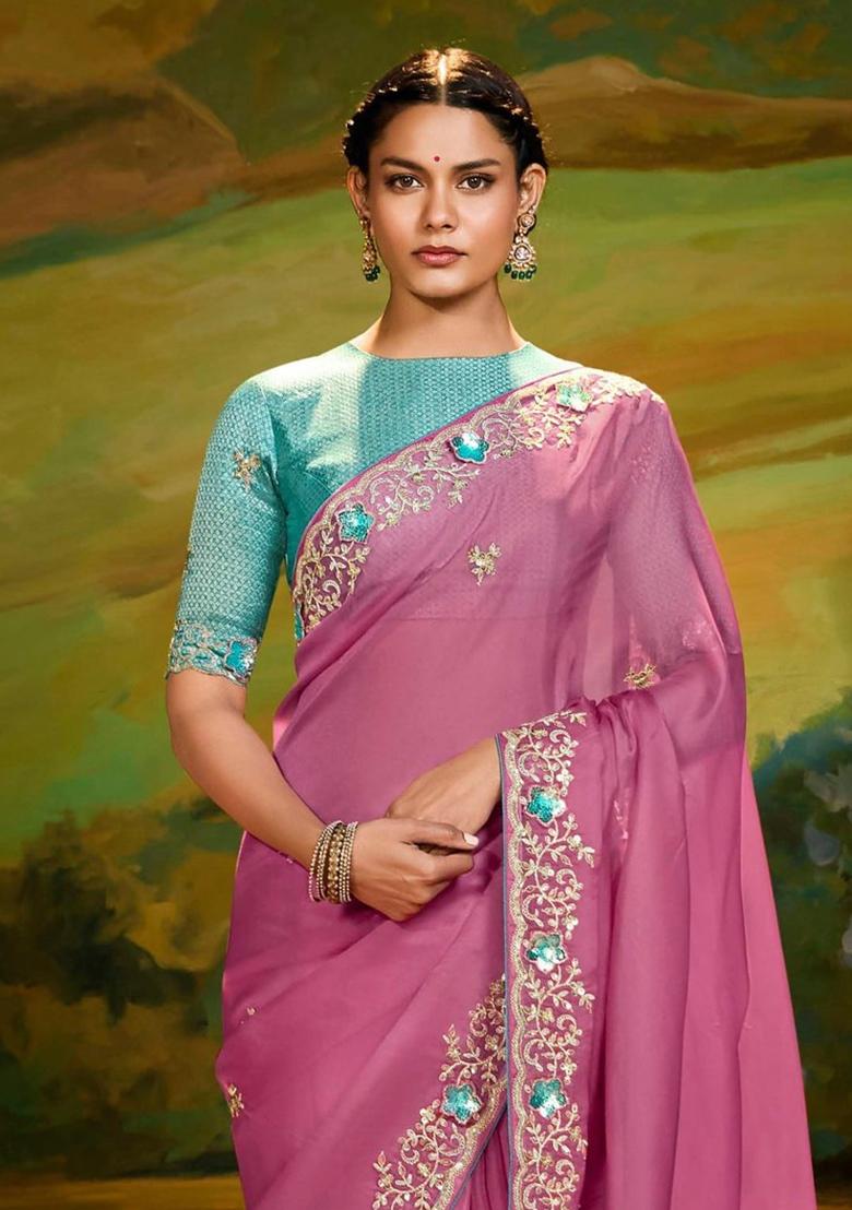 Pink Embroidery Work Handwork Fancy Saree Set