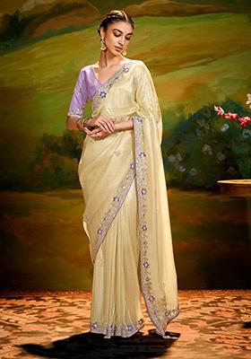 Pale Yellow Embroidery Work Handwork Fancy Saree Set