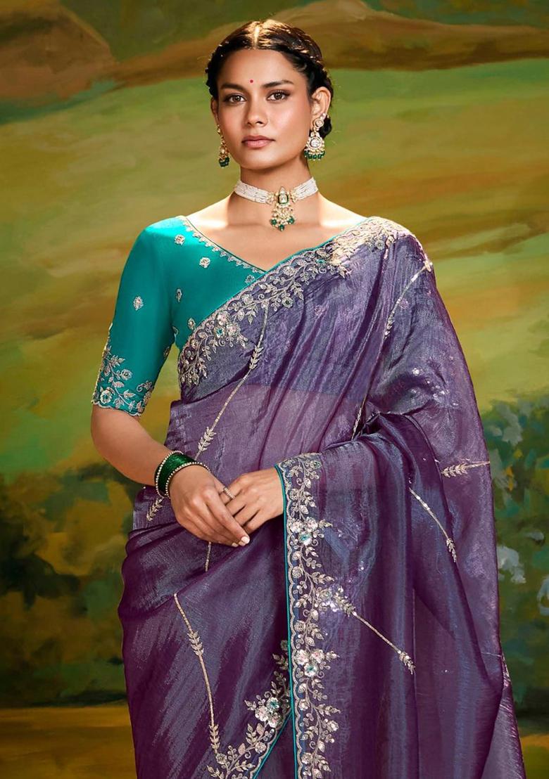 Purple Embroidery Work Handwork Fancy Saree Set