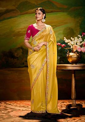 Yellow Embroidery Work Handwork Fancy Saree Set