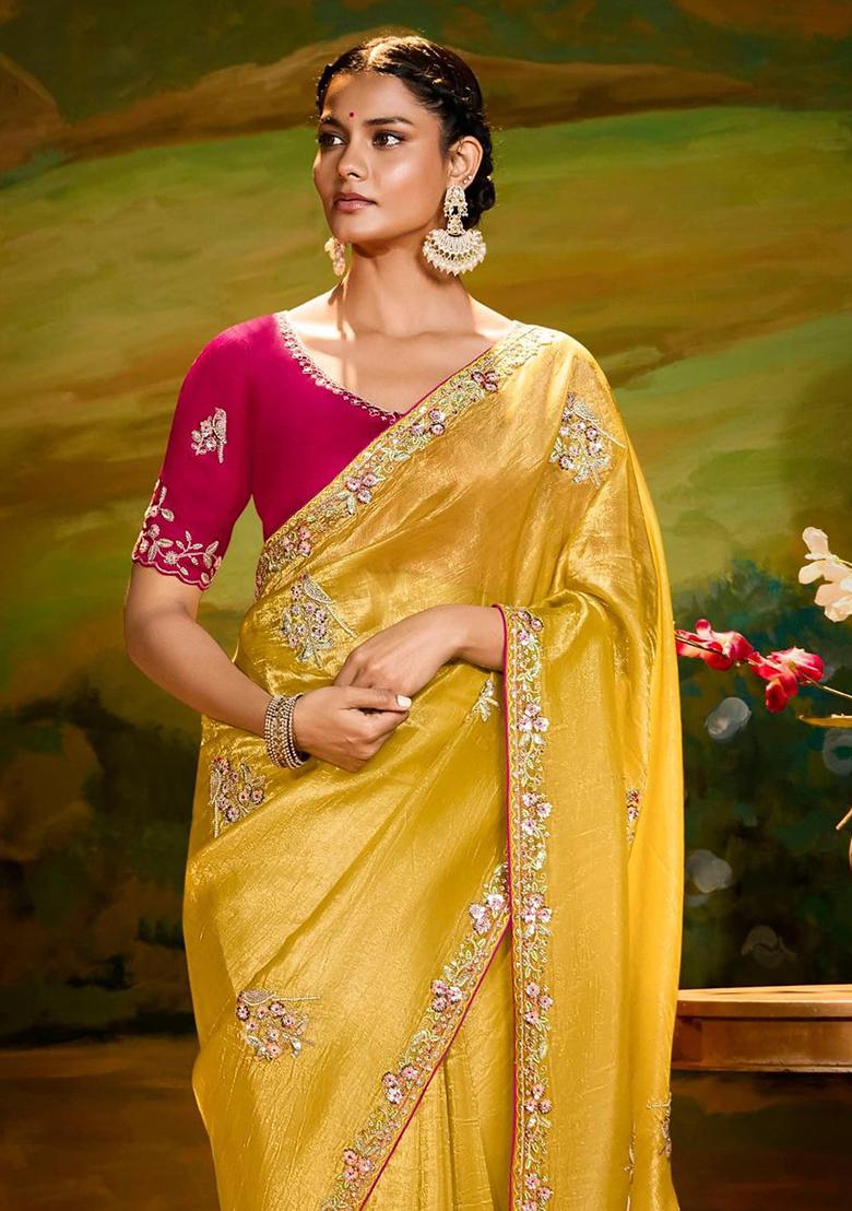Yellow Embroidery Work Handwork Fancy Saree Set