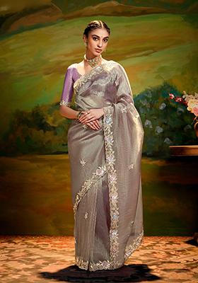 Grey Embroidery Work Handwork Fancy Saree Set