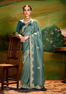 Teal Blue Embroidery Work Handwork Fancy Saree Set