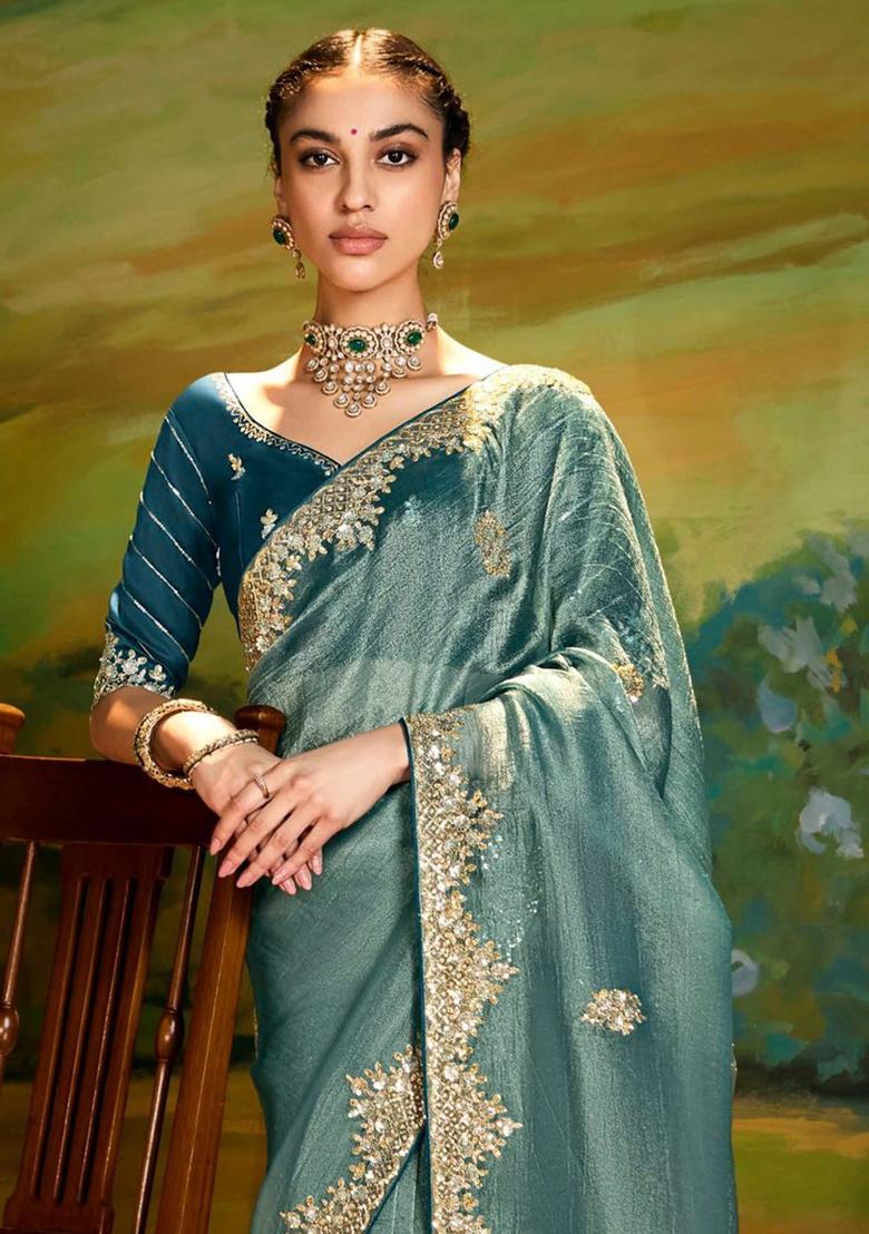 Teal Blue Embroidery Work Handwork Fancy Saree Set