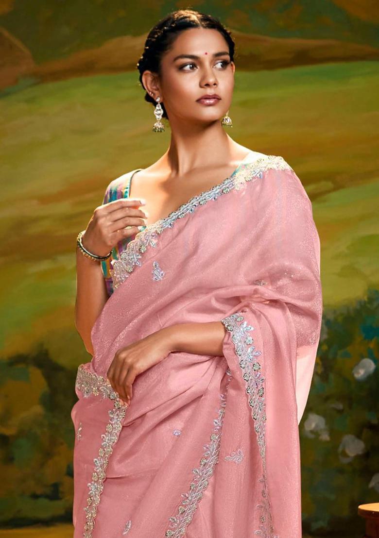 Pink Embroidery Work Handwork Fancy Saree Set