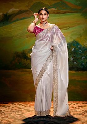 White Embroidery Work Handwork Fancy Saree Set