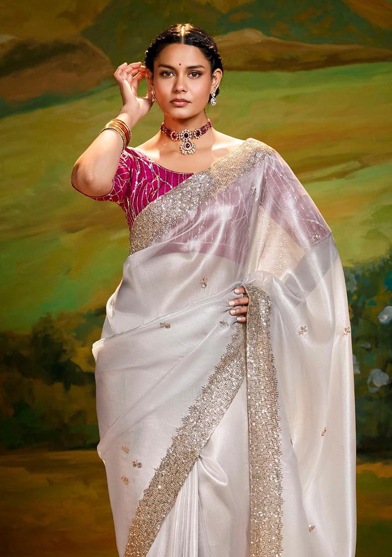 White Embroidery Work Handwork Fancy Saree Set