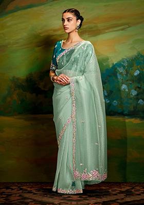 Mint Green Embroidery Work Handwork Fancy Saree Set