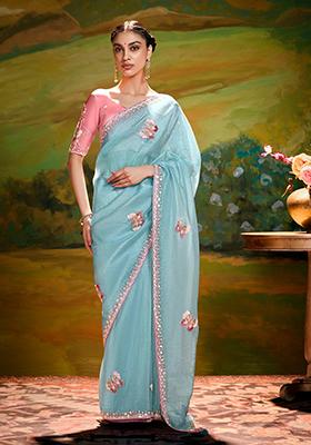 Sky Blue Embroidery Work Handwork Fancy Saree Set