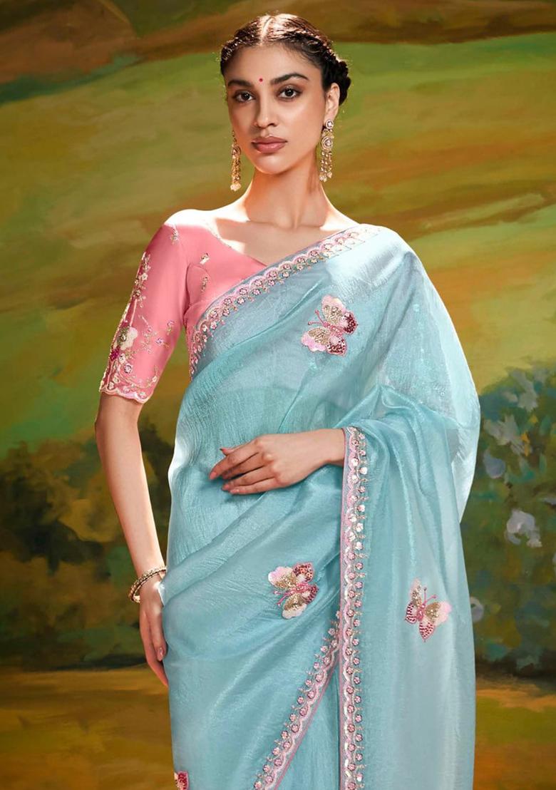 Sky Blue Embroidery Work Handwork Fancy Saree Set