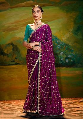 Purple Embroidery Work Handwork Fancy Saree Set