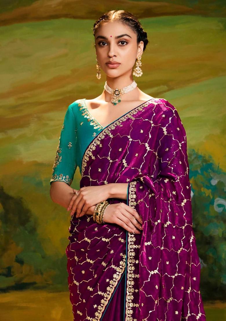 Purple Embroidery Work Handwork Fancy Saree Set