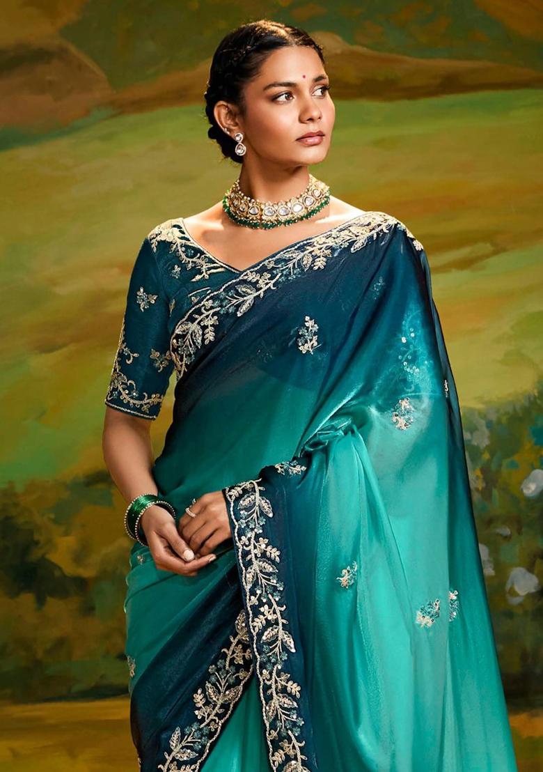 Teal Blue Embroidery Work Handwork Fancy Saree Set