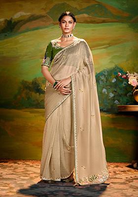 Beige Embroidery Work Handwork Fancy Saree Set