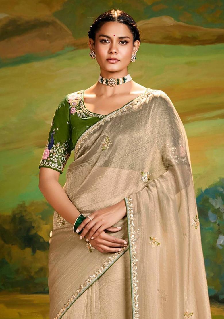 Beige Embroidery Work Handwork Fancy Saree Set