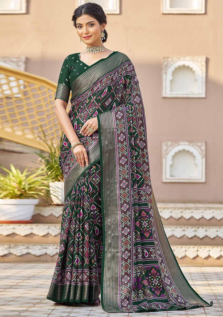 Green Patola Print Silk Saree Set With Belt